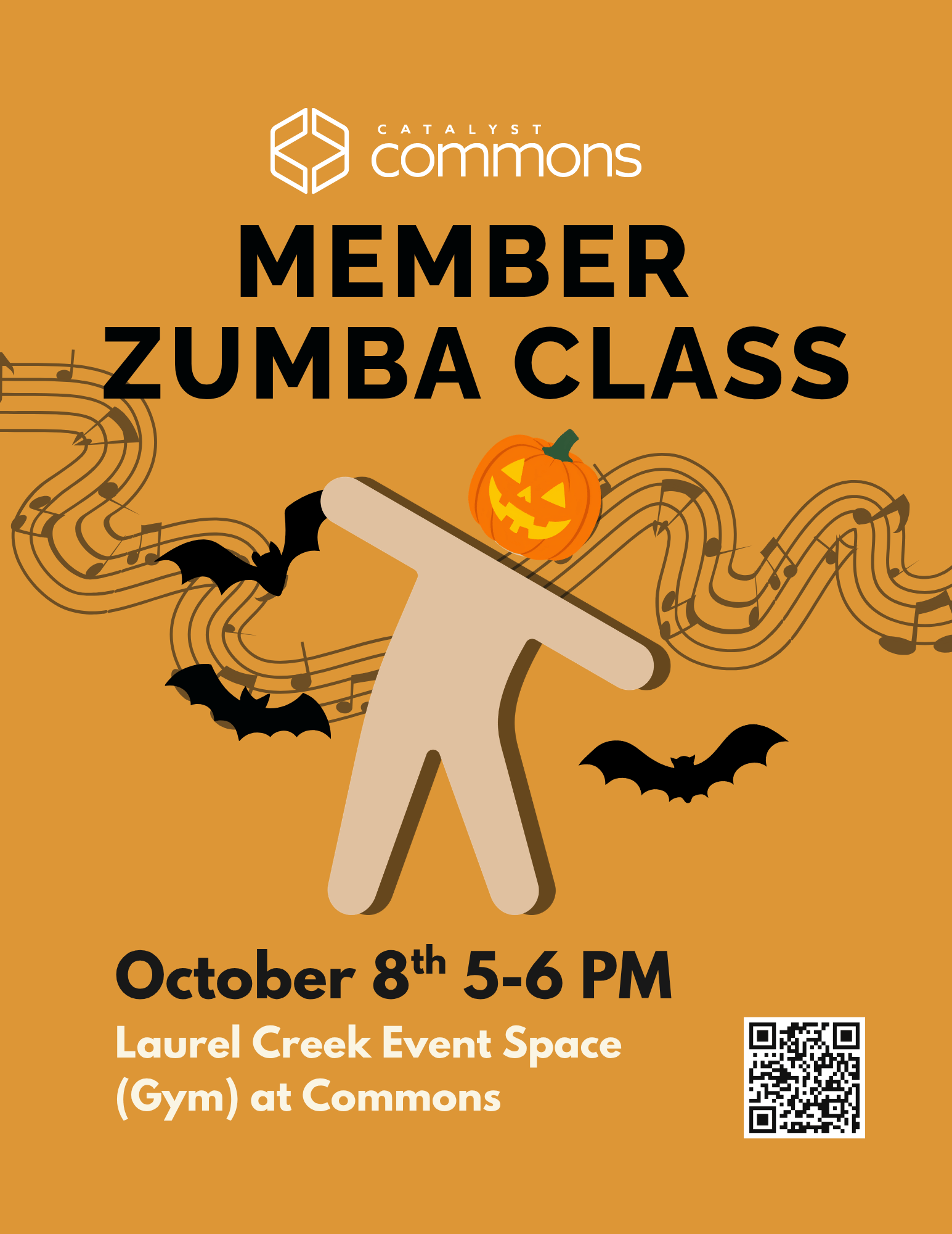 Promotional poster for a member Zumba class featuring a dancing figure with a pumpkin head, musical notes, and bats. Event details include date, time, and location at Laurel Creek Event Space.