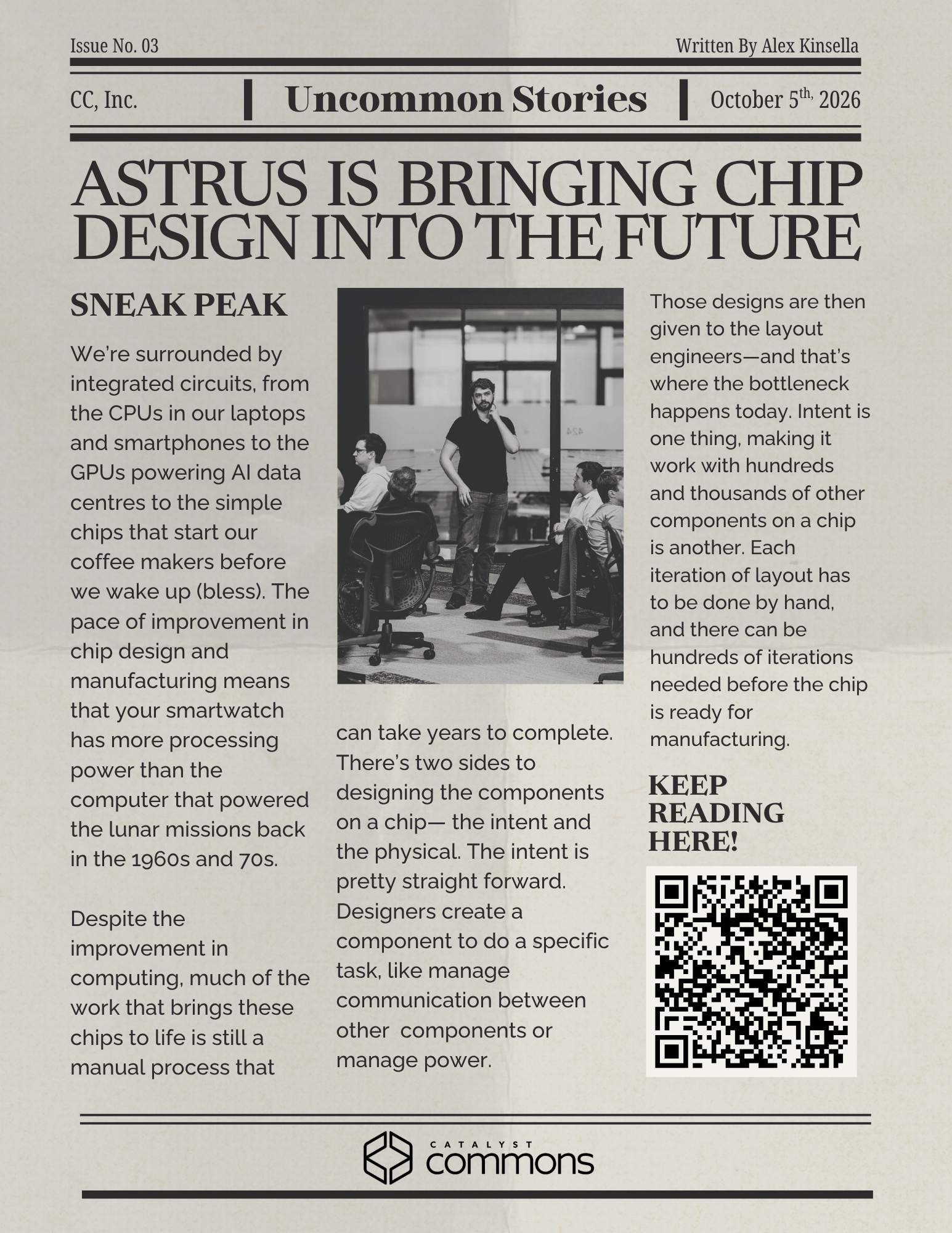 An article titled 'Astrus is Bringing Chip Design into the Future' by Alex Kinsella, discussing advancements in chip design and manufacturing. The image features a group of people engaged in a conversation with a large text box and a QR code on the side.