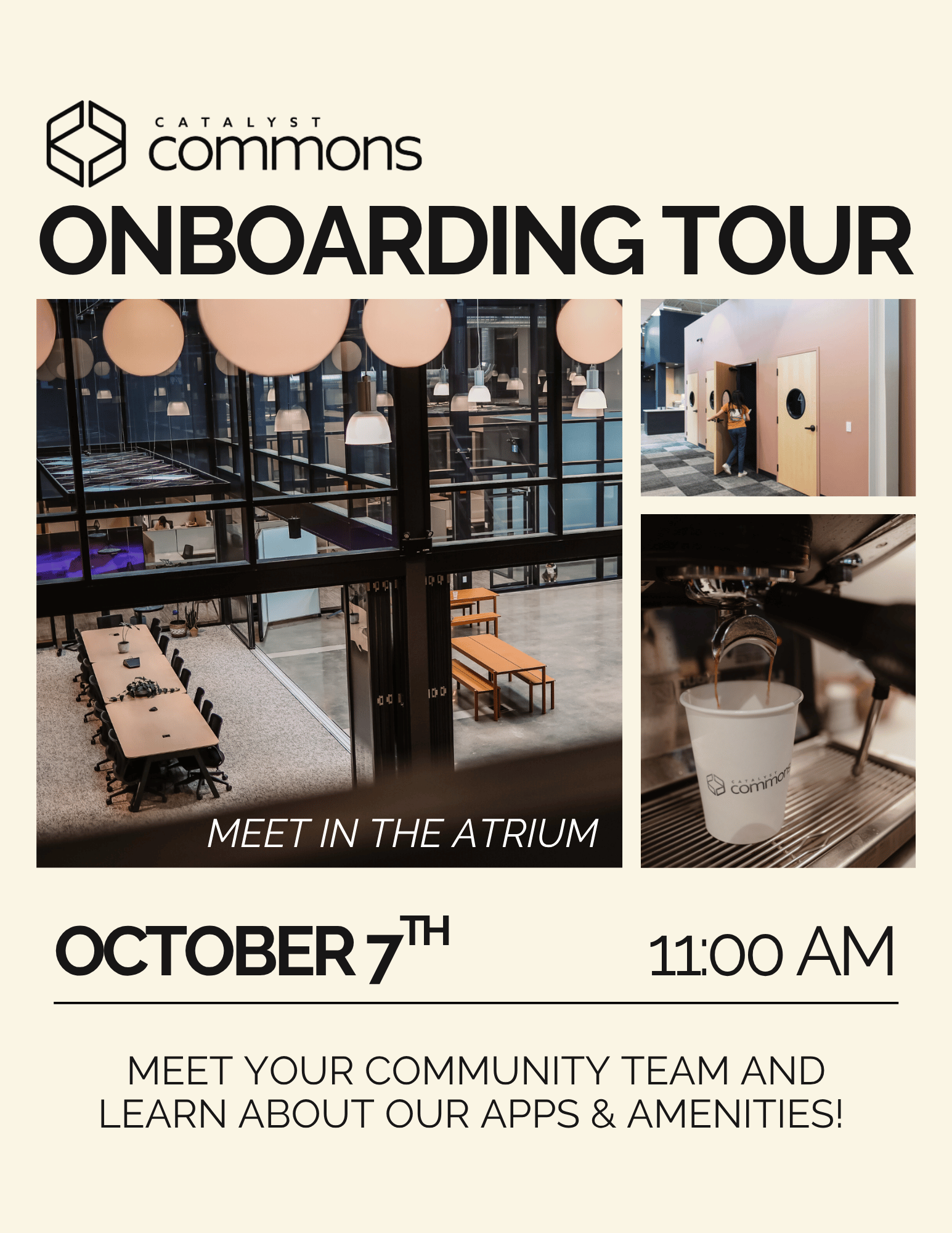 Promotional image for an onboarding tour at Catalyst Commons, featuring event details and visuals of the space.